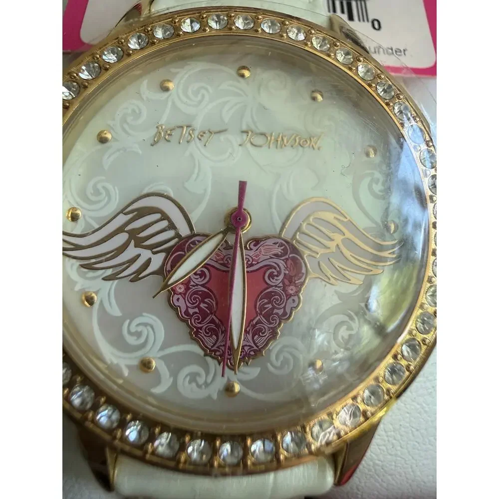 Betsey Johnson Winged Heart Women’s Wrist Watch Pearl tone  Sparkle Trim NIB